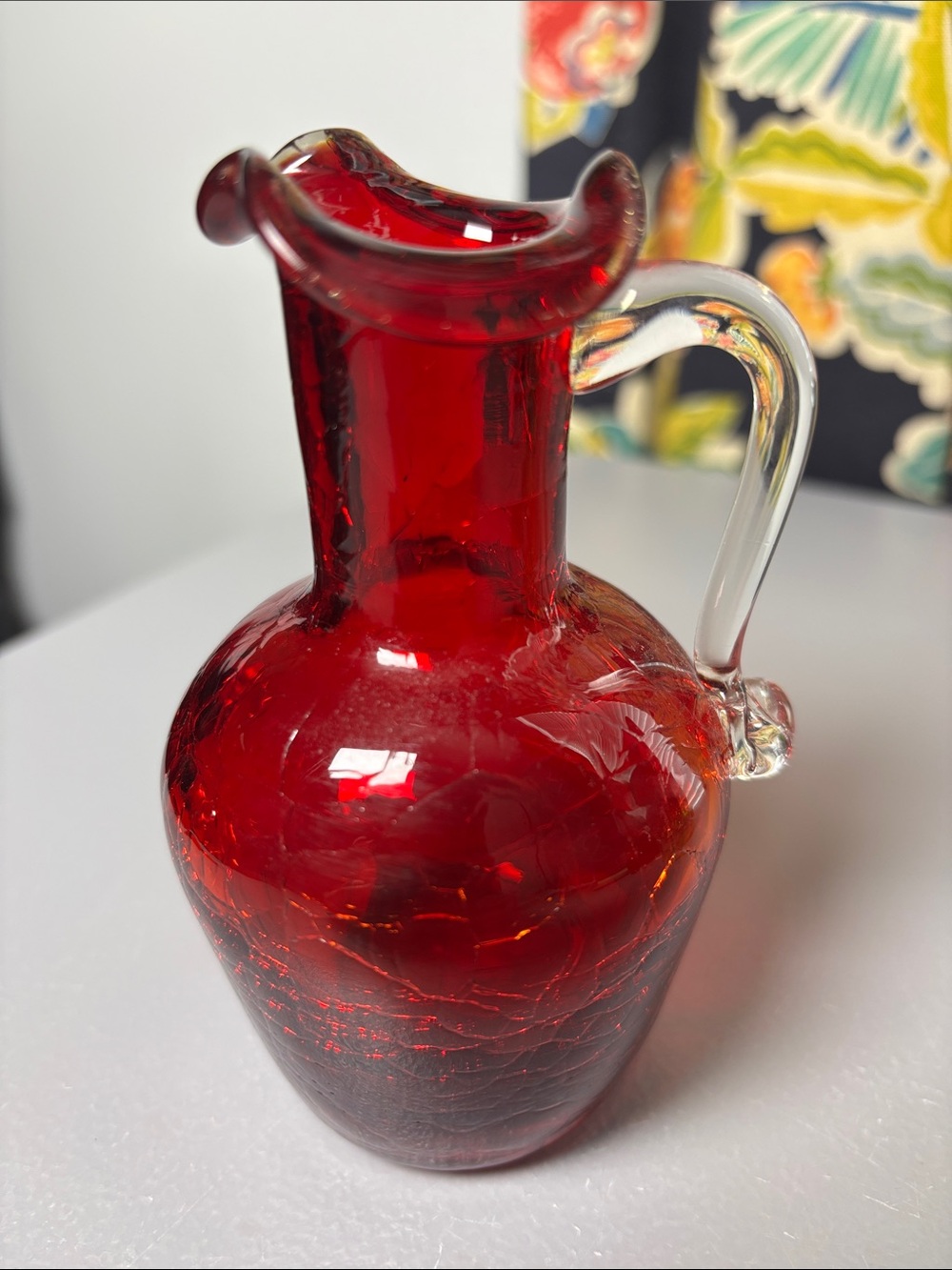 Vintage Hand Blown Ruby Red Crackle Glass Pitcher w/Clear Glass Handle